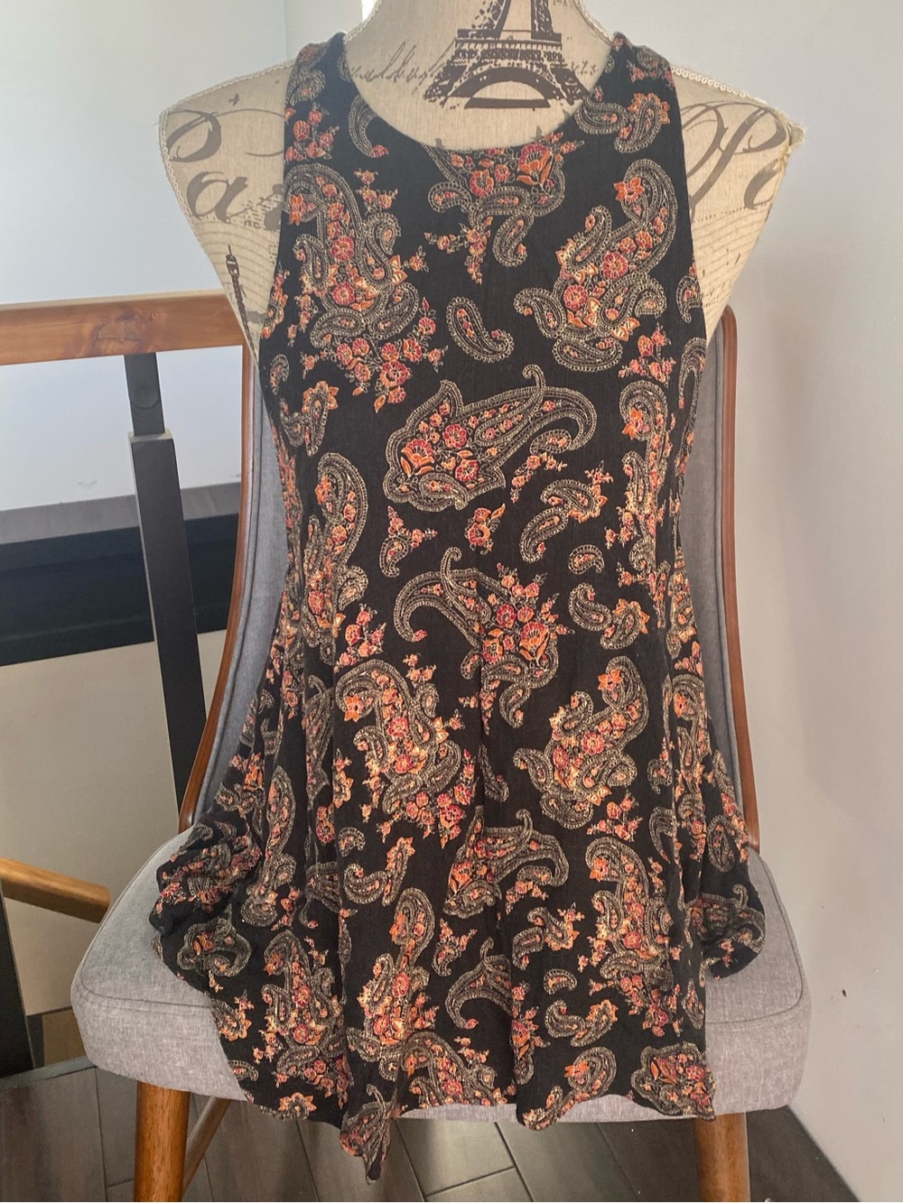 Free People Black Paisley Swing Tank with Warm Floral Accents